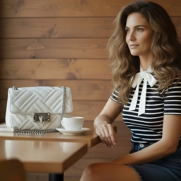 Elegant Michael Kors White Quilted Shoulder Bag - Picture 3 of 16